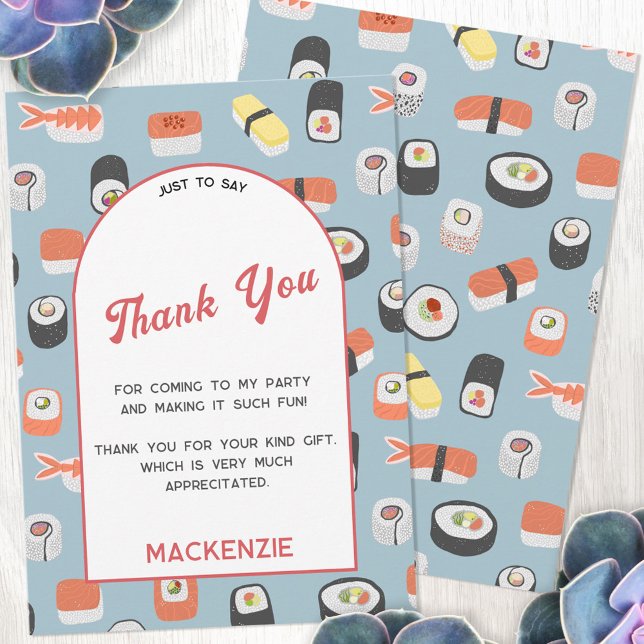 Sushi Party Thank You Card (Japanese sushi themed personalized thank you card with custom text)