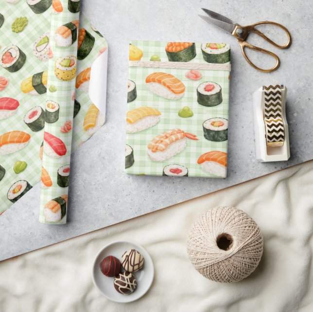 Sushi Pattern on Light Green Grid Wrapping Paper (Crafts)
