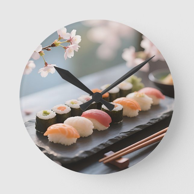 Sushi Platter Cherry Blossom Round Clock (Front)