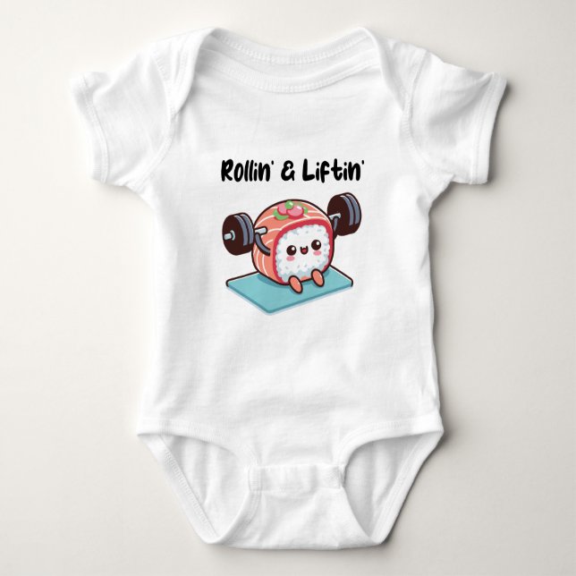 Sushi Roll Lifting Weights Baby Bodysuit (Front)