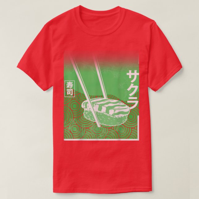 Sushi & Sakura Japanese Cherry Blossom Green Colou T-Shirt (Design Front)