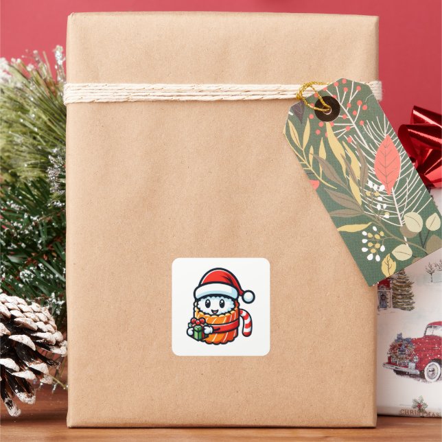 Sushi Santa - Festive Roll with Gift Square Sticker (Holiday)
