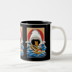 Sushi Shark Attack Illustration Two-Tone Coffee Mug