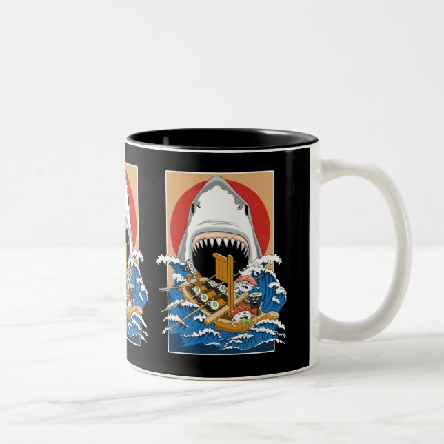Sushi Shark Attack Illustration Two-Tone Coffee Mug (Right)