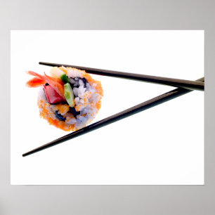 Sushi Shrimp Roll Black Chopsticks on White Japan Poster