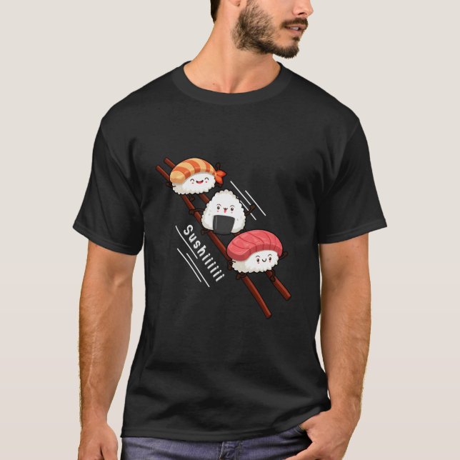 Sushi Sliding On Chopsticks Kawaii Anime Japanese  T-Shirt (Front)