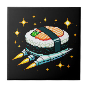 Sushi Spaceship Pixel Art Flying Sushi Roll Design Ceramic Tile