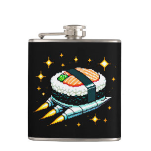 Sushi Spaceship Pixel Art Flying Sushi Roll Design Hip Flask