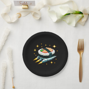 Sushi Spaceship Pixel Art Flying Sushi Roll Design Paper Plate