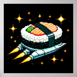 Sushi Spaceship Pixel Art Flying Sushi Roll Design Poster