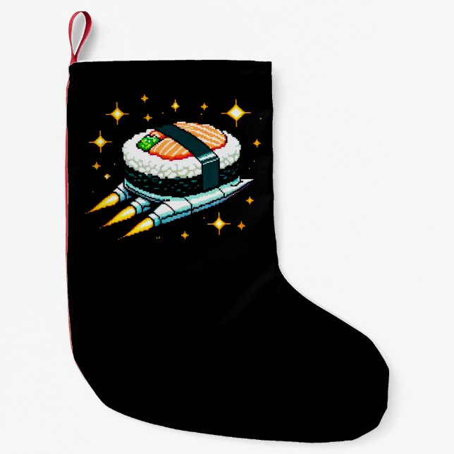 Sushi Spaceship Pixel Art Flying Sushi Roll Design Small Christmas Stocking (Front)