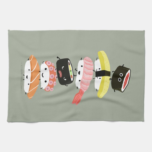 Sushi Stack - A Tower of Happy Sushi Friends Tea Towel (Horizontal)