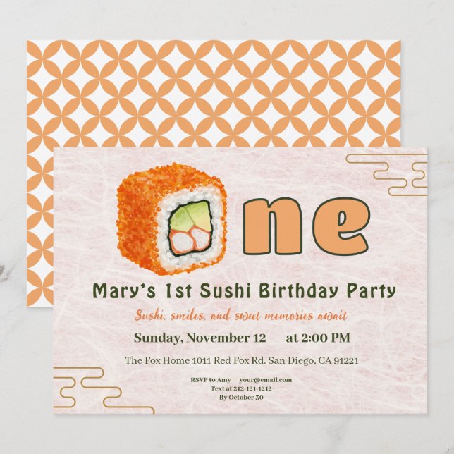 Sushi-Themed 1st Birthday Invitation (Front/Back)