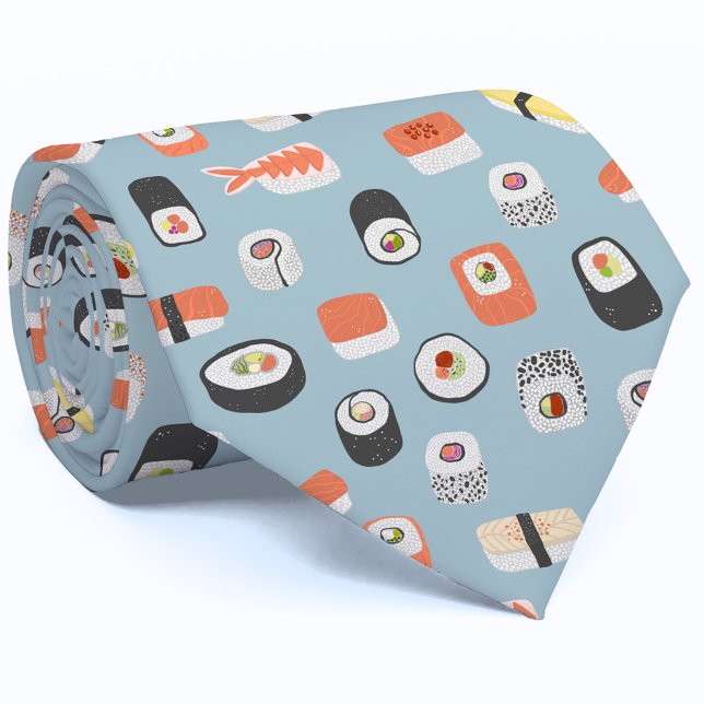 Sushi Tie (Japanese sushi sashimi maki roll design on a blue neck tie)