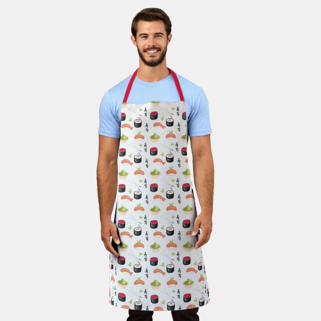 Sushi, Wasabi, Rice, fish and Chop Stick White Apron (Worn)