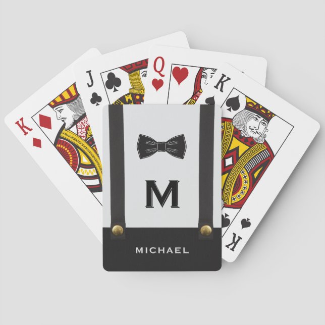 Suspenders & Bowtie Name Monogram Wedding Playing Cards (Back)