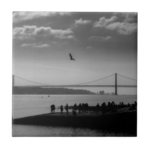 Suspension Bridge in Lisbon Black and White Photo Ceramic Tile