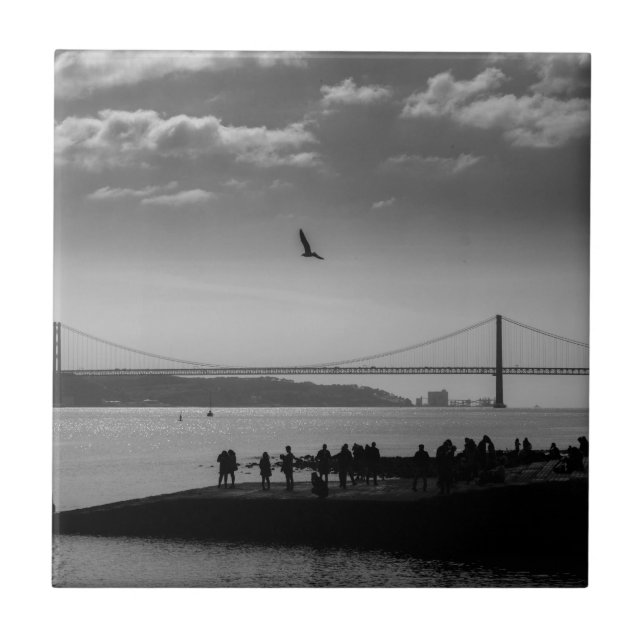 Suspension Bridge in Lisbon Black and White Photo Ceramic Tile (Front)