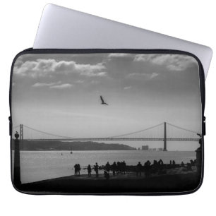 Suspension Bridge in Lisbon Black and White Photo Laptop Sleeve