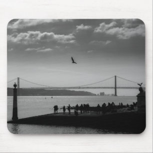 Suspension Bridge in Lisbon Black and White Photo Mouse Pad