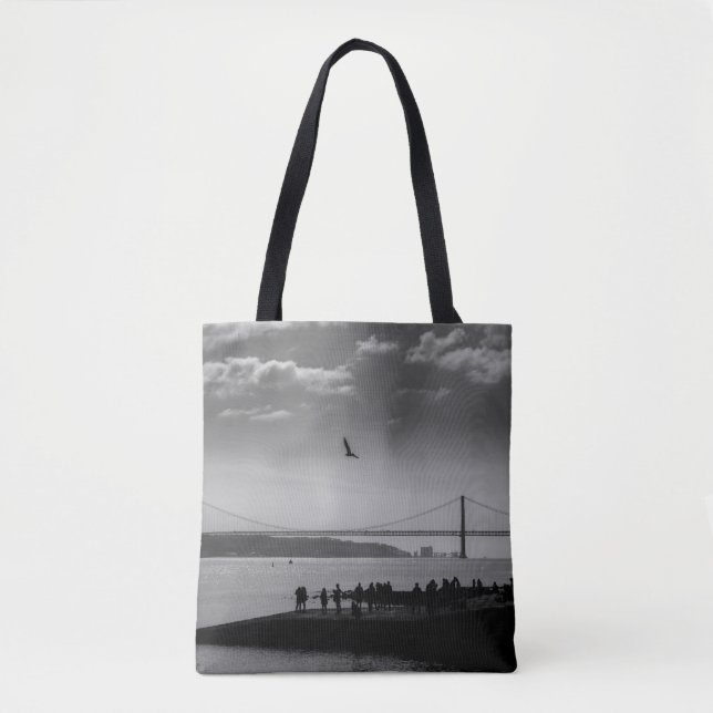 Suspension Bridge in Lisbon Black and White Photo Tote Bag (Front)