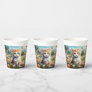Süße Katze in einer Blumenwiese Paper Cups