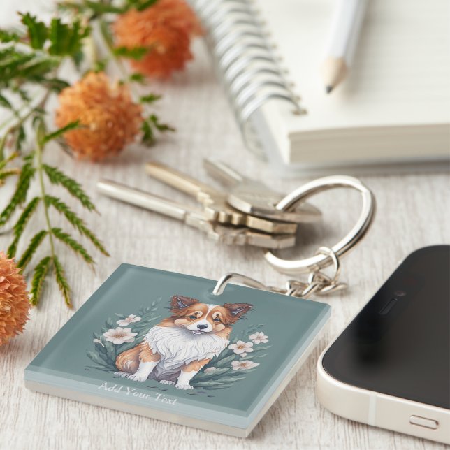 Süßer Collie umringt von Blumen -  Key Ring (Front Right)