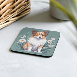 Süßer Collie umringt von Blumen - Square Paper Coaster