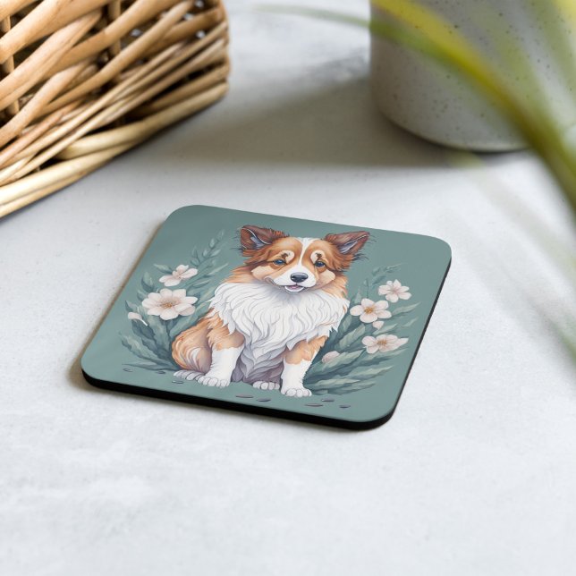 Süßer Collie umringt von Blumen -  Square Paper Coaster (Creator Uploaded)