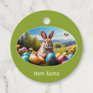 Süßer Osterhase in Landschaft, oval - Favour Tags