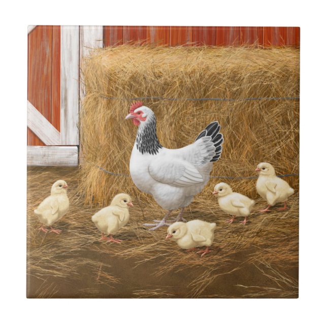 Sussex Chicken Mama Hen and Chicks Ceramic Tile (Front)
