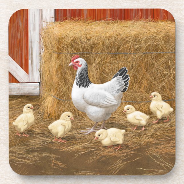 Sussex Chicken Mama Hen and Chicks Coaster (Front)