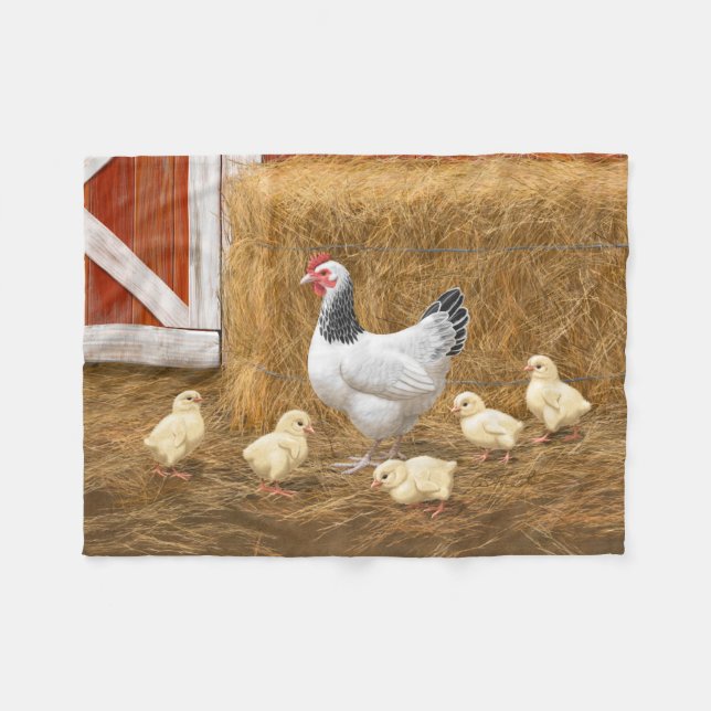 Sussex Chicken Mama Hen and Chicks Fleece Blanket (Front (Horizontal))