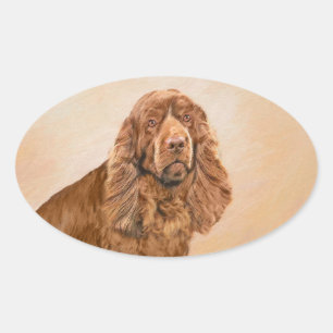 Sussex Spaniel Painting - Cute Original Dog Art Oval Sticker