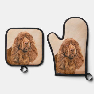 Sussex Spaniel Painting Cute Original Pet Dog Art Oven Mitt & Pot Holder Set