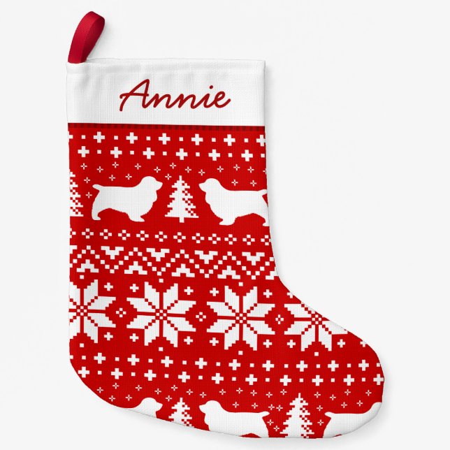 Sussex Spaniel Silhouettes Pattern Red and White Small Christmas Stocking (Front)