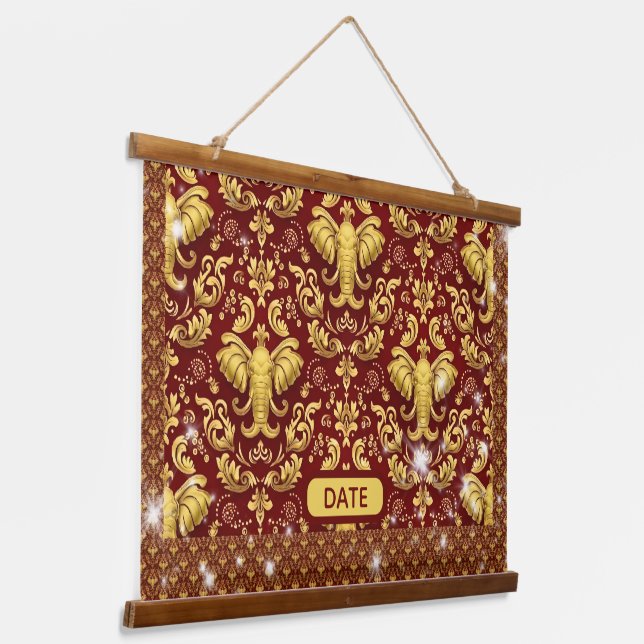  Sustainable Opulence: Crimson & Gold Elephant Des Hanging Tapestry (Angled 2)