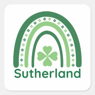 Sutherland Name Clover Boho Rainbow Square Sticker