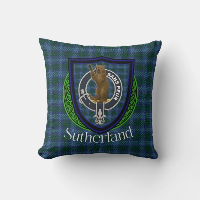 Sutherland Scottish Clan Tartan & Crest Cushion (Front)