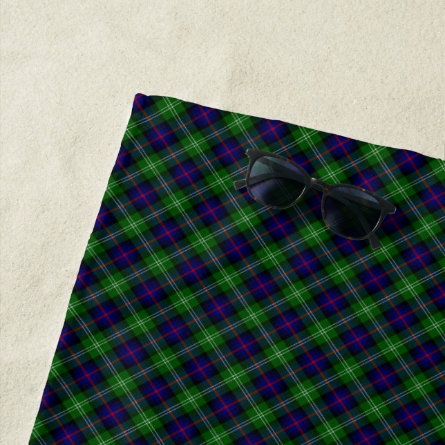 Sutherland tartan blue green plaid beach towel (In Situ)