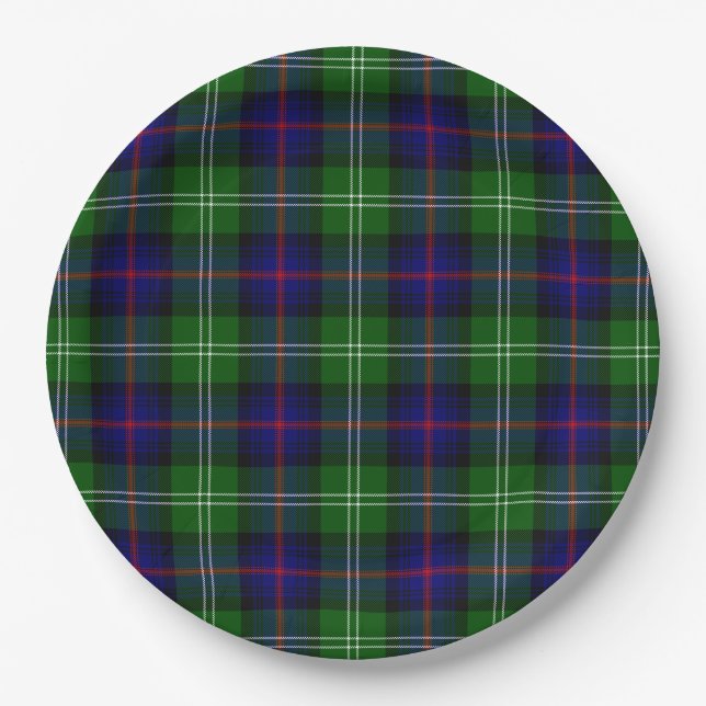 Sutherland tartan blue green plaid paper plate (Front)