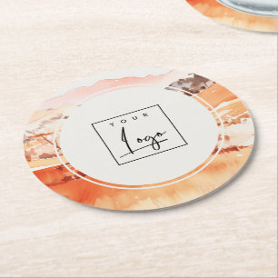Sutle Blush Orange Watercolor Woods Mountain Logo Round Paper Coaster