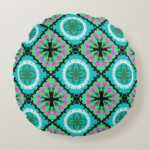 Suzani Pattern with Uzbek and Kazakh Motifs Round Cushion