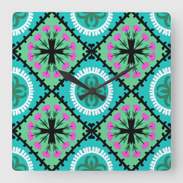 Suzani Pattern with Uzbek and Kazakh Motifs Square Wall Clock (Front)