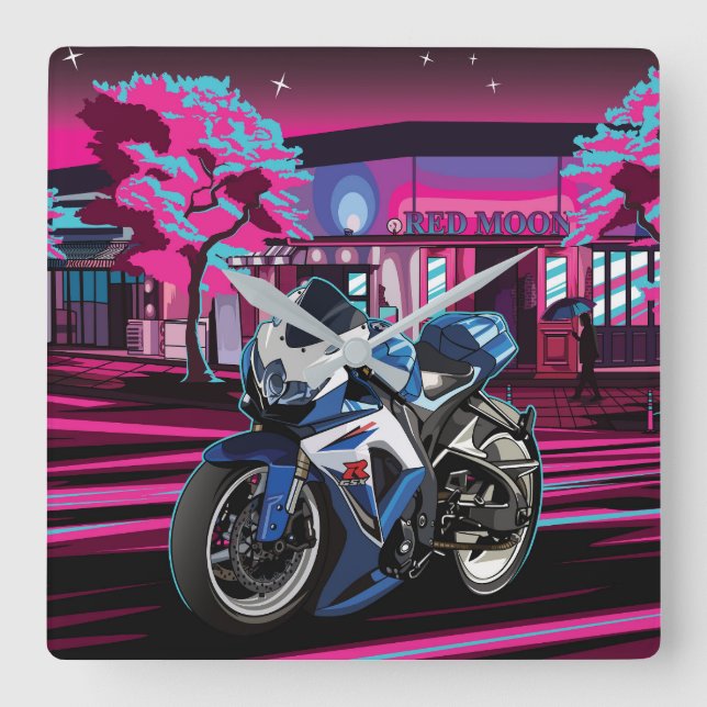 Suzuki GSX-R in Red Moon City Square Wall Clock (Front)
