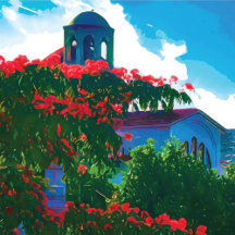 Artwork Painting Church and Red Flowers Blue Sky
