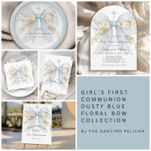 Modern Dusty Blue Bow Floral First Holy Communion