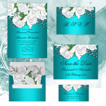 Aqua and White Rose Wedding Invitation Suite