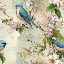 Vintage Blue Bird and Apple Blossom Whispers
