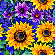 Purple Flowers and Yellow Sunflowers 